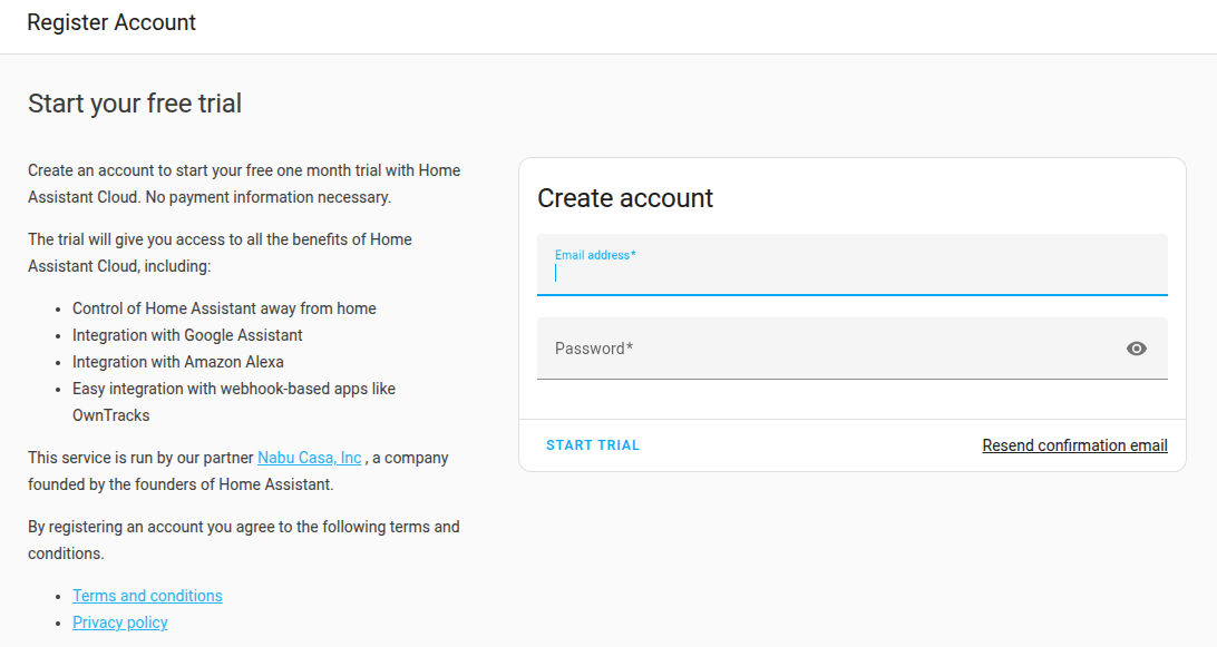 Home Assistant Cloud log in page